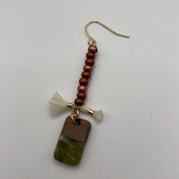Gold Tone Beaded Tassel Earth Tone Rectangular Charm Boho Earrings - Picture 6 of 7